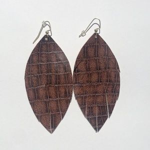 Leather Feather Earrings Brown Textured